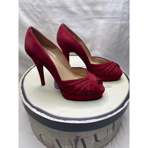 Stuart Weitzman Red Suede  Peep Toe Heels - Picture 6 of 9